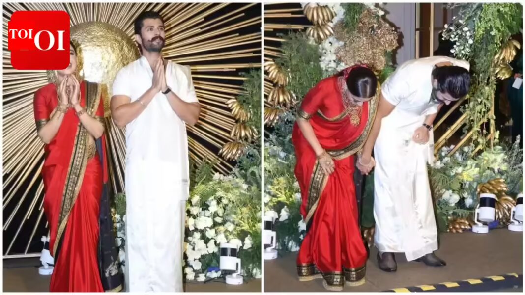 Rashmika Mandanna and Vijay Deverakonda glow with joy at Hyderabad reception, newlyweds seek blessings with humble namaste | Telugu Movie News