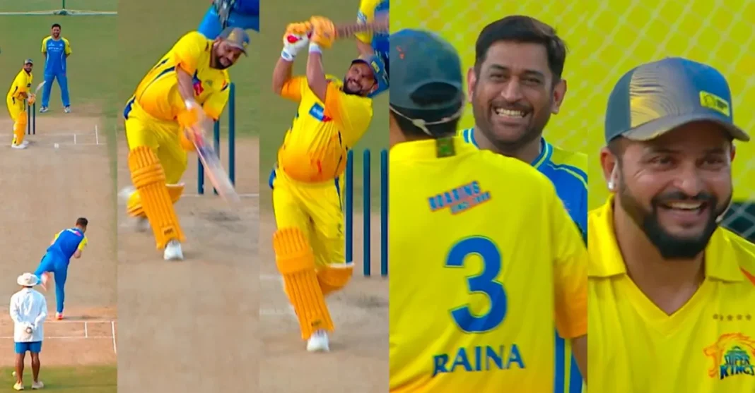 WATCH: Suresh Raina turns back the clock with a towering six off Noor Ahmad, leaves MS Dhoni amused at CSK Roar 26