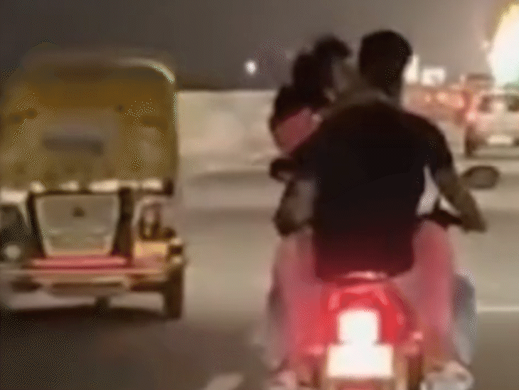 जेपी गंगा पथ पर रोमांस करते नजर आए युवक-युवती:वीडियो हुआ वायरल, लोगों ने कहा- ट्रैफिक रूल्स का पालन करना जरूरी
